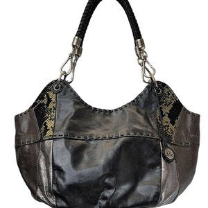 SAK Purse Satchel Hobo HandBag Black & Brown Leather Patchwork, Slip Exterior
